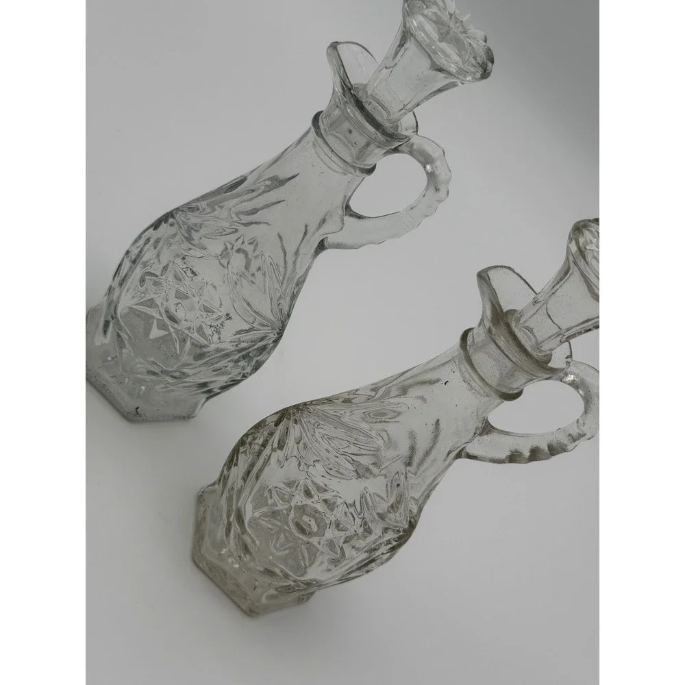 Vintage Clear‎ Pressed Glass Starburst Cruet Set with Stoppers Set of 2 7 inch
